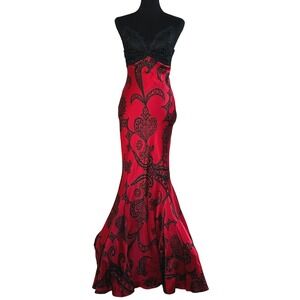 Vintage Mary L. Couture 1990s Red Black 100% Silk and Lace Slip Gown - Size 2